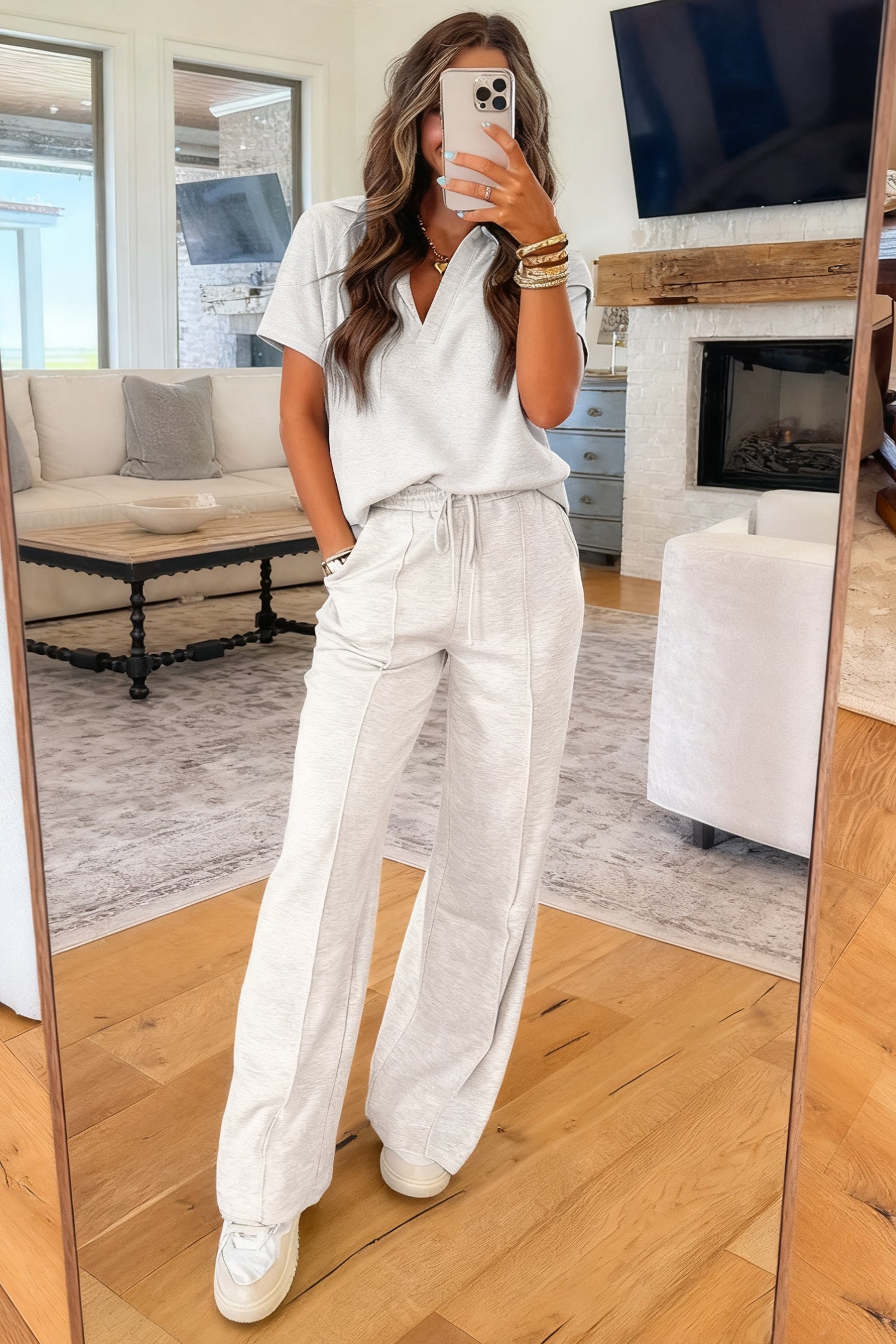 Sporty Polo & Drawstring Pants Set - Light Grey - front view Women's elegant casual set