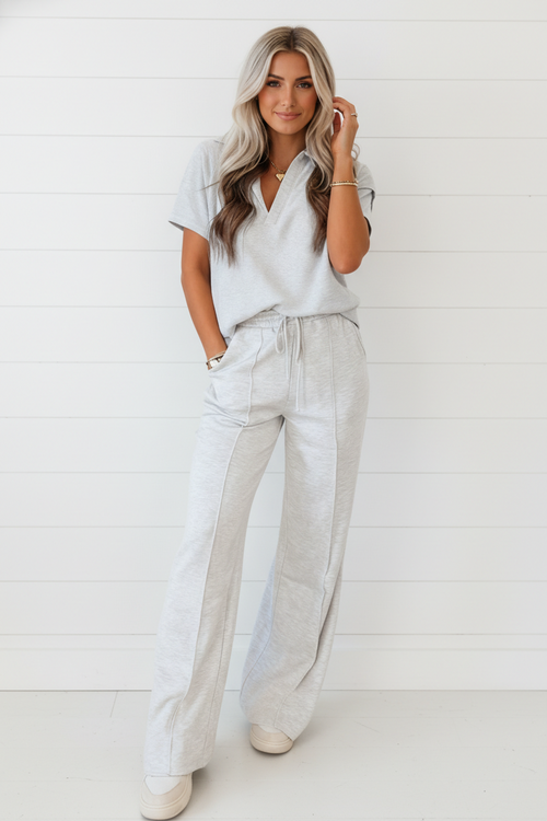 Sporty Polo & Drawstring Pants Set - Light Grey - detail view Women's premium loungewear Freedom Fulfillment