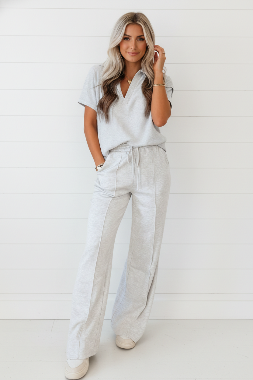 Sporty Polo & Drawstring Pants Set - Light Grey - Women's Two-Piece Athleisure Lounge Set